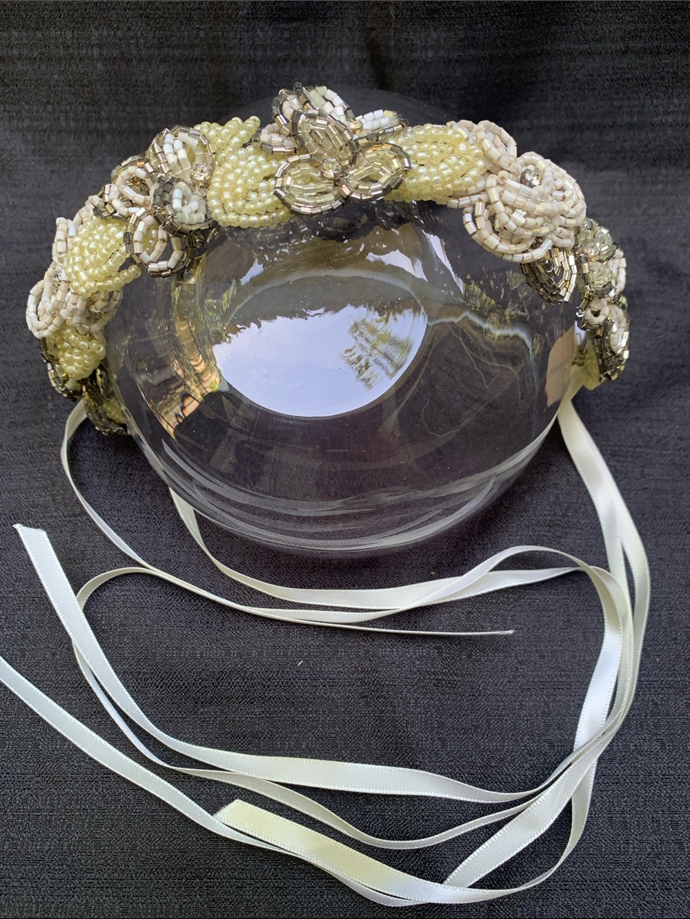 Beaded Floral Petal Crown Ribbon-Tie Headband in Ivory and Silver BHLDN designer